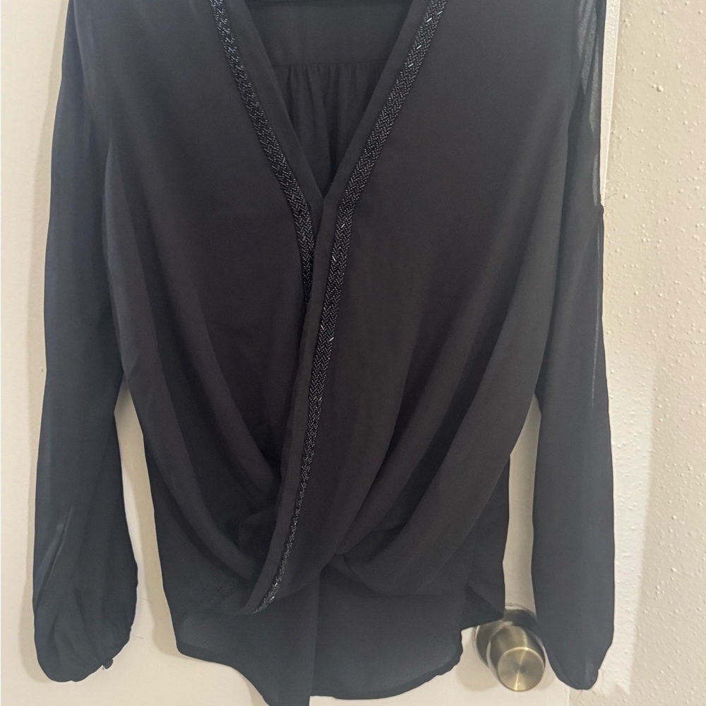 Francesca's Collections Black Beaded-Trim Draped V-Neck Blouse